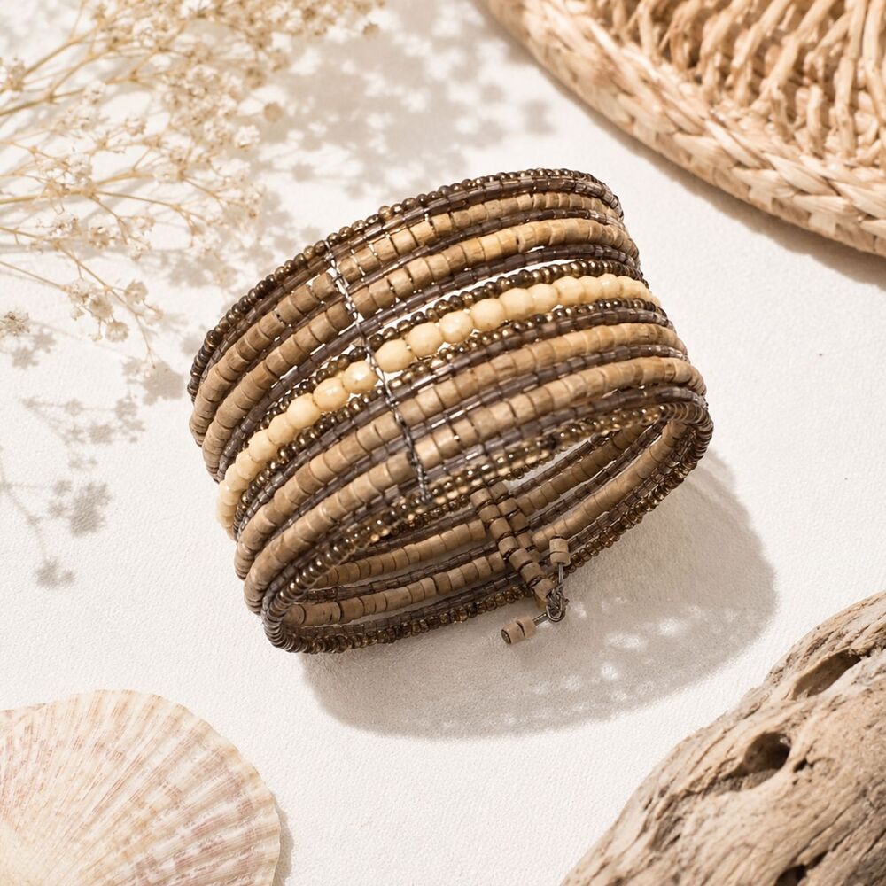Boho Wood & Seed Bead Wrap Bracelet Tan Brown Adjustable Cuff